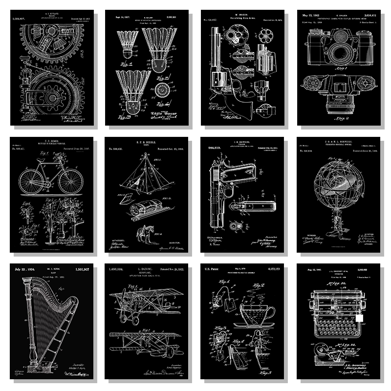 Sports Equipment Drawing - 特許黒と白のポスターヴィンテージ楽器スポーツ用品銃描画キャンバス印刷ポスターホームルームの装飾