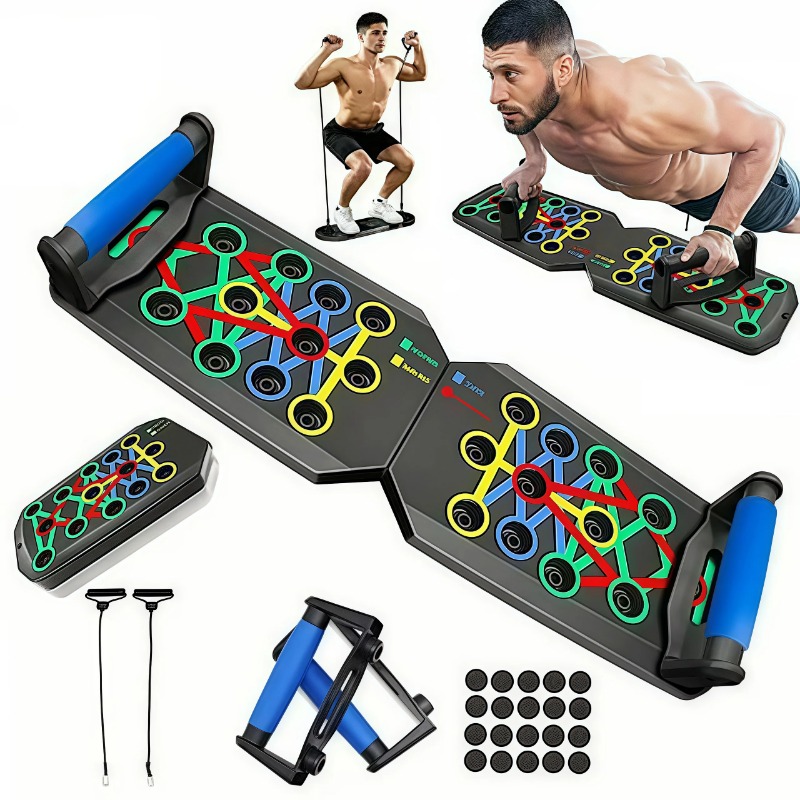 Sports Equipment Names - 抵抗バンド付き折りたたみ式プッシュアップボード、多機能プッシュアップバー、ポータブルホームジムトレーニング機器、男性女性向けの胸筋、背中、肩、上腕三頭筋のトレーニングシステム